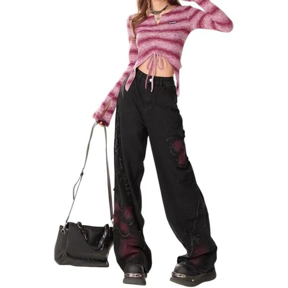 Emo Pants Women's Cotton Y2K Butterfly Tye Die Baggy Cargo Goth Jeans - Picture 4 of 5